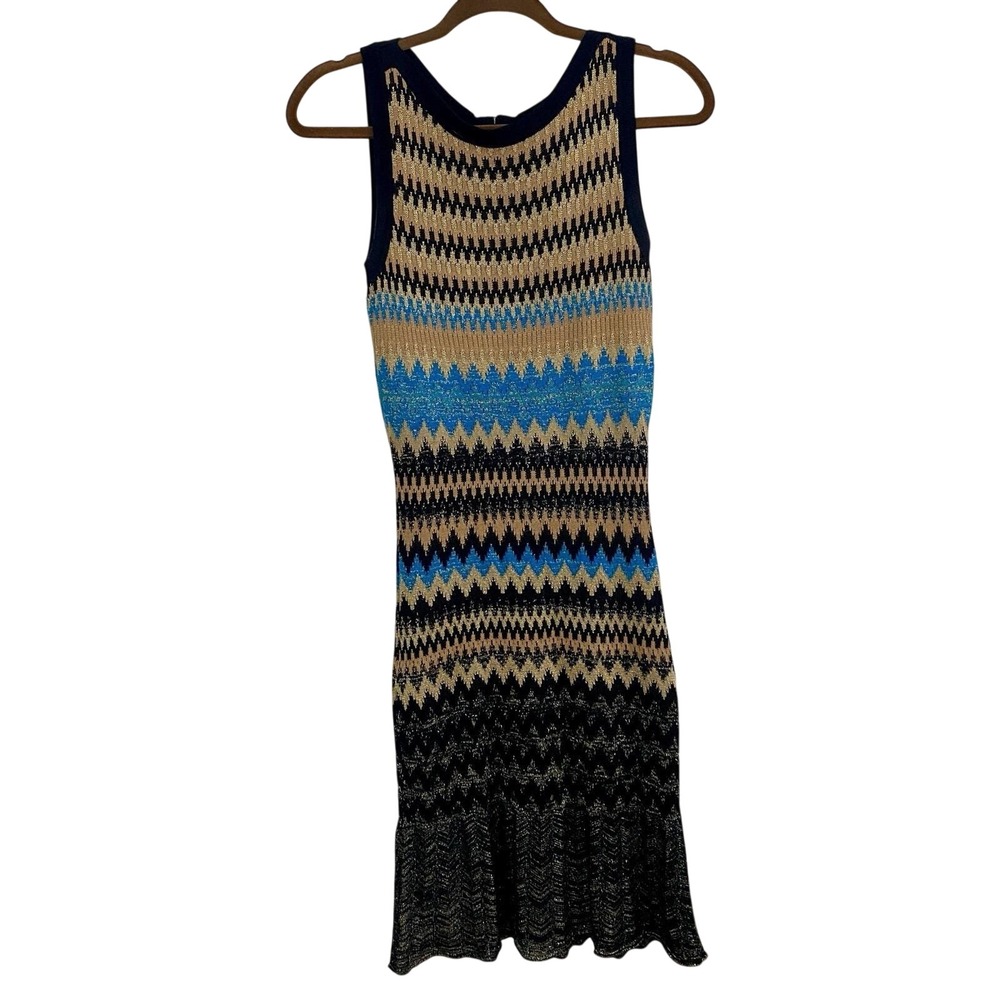 Vintage Cache Art Deco Style Sleeveless Midi Dress Metallic Chevron Knit Pattern